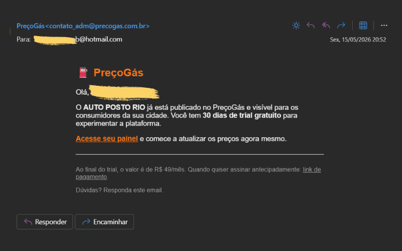 E-mail de boas-vindas com link de acesso ao painel do dono