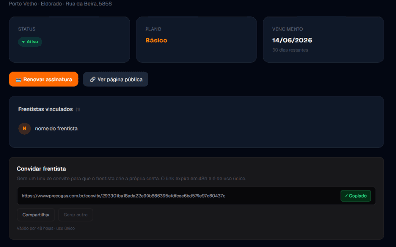 Visão geral do painel do dono com cards de combustíveis e menu latera