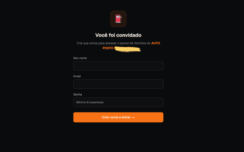 Tela de primeiro acesso do frentista via link de convite