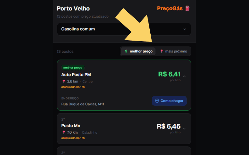 Barra de filtros com seletor de combustível e ordenação