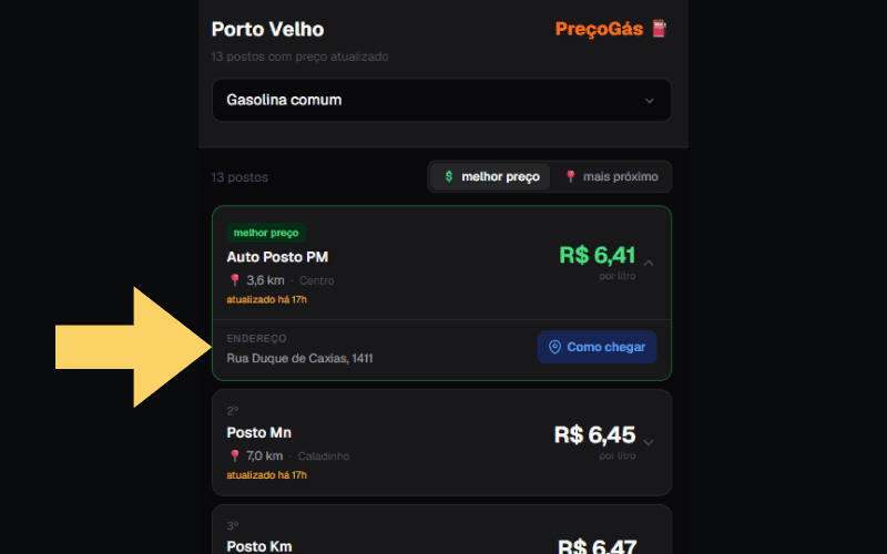 Modal ou página de detalhes do posto com todos os preços e mapa