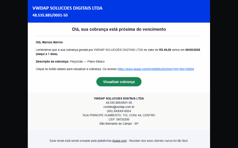 Tela de cobrança com link de pagamento e opções Pix / boleto / cartão